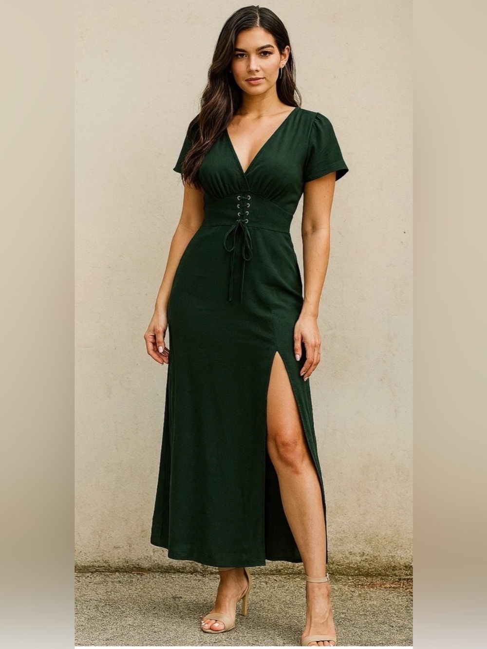 Express Forest Green Lace-Up Maxi Dress
